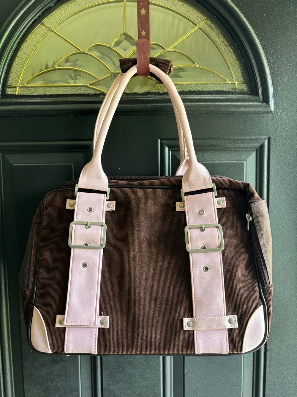 Brown Corduroy Small Pet Carrier with Faux Pink Leather Handles & Accents